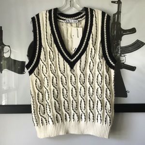 Zara Cream Cable Knit V-Neck Sweater Vest with Black Trim